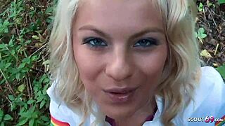 Young German teen 18+ gives blowjob for money on playground