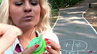 Young German teen 18+ gives blowjob for money on playground