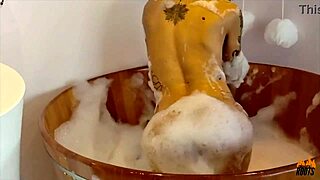 brazilian model with tattoo in ofuro during photo shoot