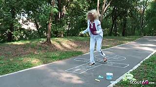 Young German teen 18+ gives blowjob for money on playground