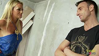 Busty blonde girl knows what makes his cock hard with her shaved pussy