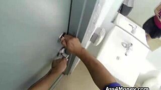 Broke teen shifts from payphone to sucking cock in public POV action.