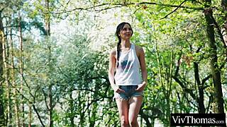 sexy blonde and hot brunette kiss in the forest then head indoors to get intimate