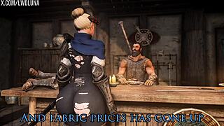 Cute blonde demon in Skyrim gets anal and blowjob from monster