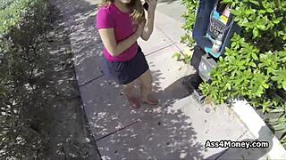 Broke teen shifts from payphone to sucking cock in public POV action.