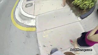 Broke teen shifts from payphone to sucking cock in public POV action.