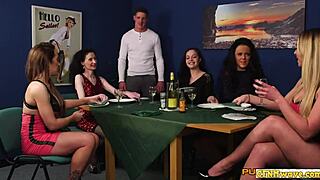 Femdom European babes give blow job and handjob with humiliation