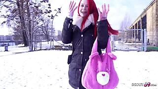 German scout picks up redhead pale MILF Mina Knight for a casting in Berlin.