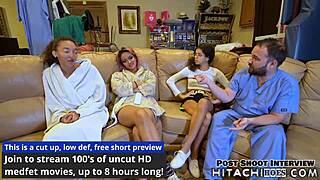 Two hot lesbians deliver multiple orgasms to Channy Crossfire using a Hitachi wand on the surgical table.