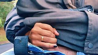 naughty hotwife jerked off on the road till cum almost caught