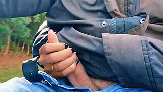 naughty hotwife jerked off on the road till cum almost caught