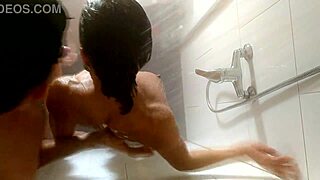 Blonde amateur blows big cock in shower, bent over for cum.