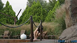 kinky footjob babe tugs hard