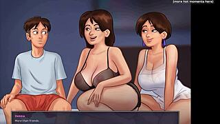 In Summertime Saga, Two Milfs Experience Intense Threesome Pleasure With Big Cock And Cum