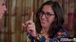 the cute blonde lesbian girlfriend dives into her beautiful babe's hairy pussy for oral pleasure.