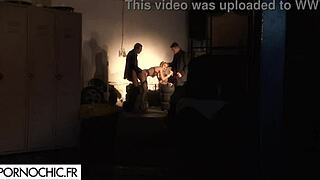 Blonde in Stockings Joins Two Men for Voyeuristic Foursome