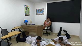 Threesome at the university with teacher Roxana