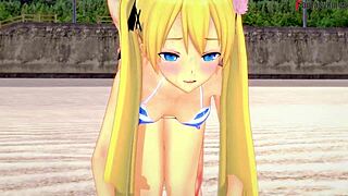 i enjoy marie rose in her bikini on the beach in this anime fantasy
