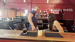 Shemale Bitch Dominates Visitor in Bar