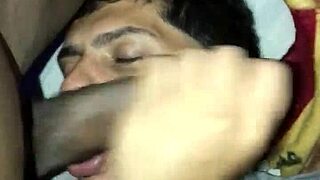 Black guy shoves big black cock in mouth for cumshot