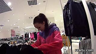 European shop girl undresses and gets nailed in public