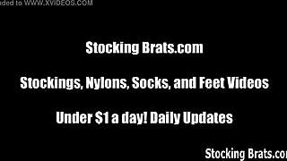 Girls in stockings ask, 'Is our lesbian threesome making you hard?' during femdom play