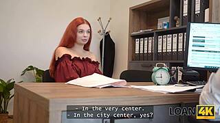 Little redhead whore with big tits jumped on dick in office