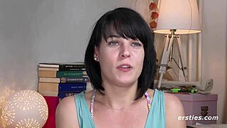 German babe masturbates shaved pussy with toys