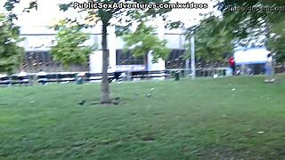 Brunette flashes tits and fucks naked on the street