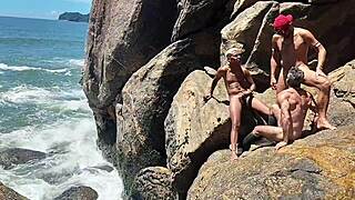 naughty fisherman caught giving ass behind rocks - full on red