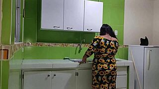 Latina stepmom rides me in kitchen to get over husband's cheating