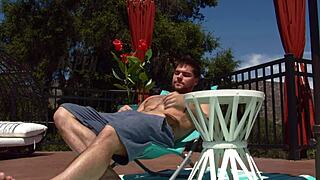 Red-haired beauty gets caught spying on her neighbor and gives him a footjob