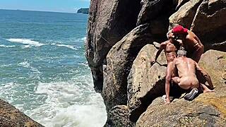 naughty fisherman caught giving ass behind rocks - full on red
