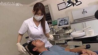 In the dentist office, her big tits accidentally spill out while working, leading to some naughty fun