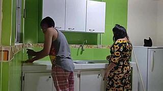 Latina stepmom rides me in kitchen to get over husband's cheating