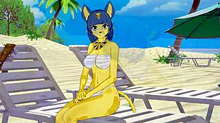 ankha from animal crossing banged hard on beach