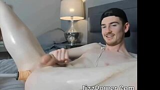 This pale gay twink shoves it deep in his hairless ass during a solo webcam show.