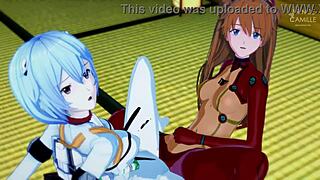 Asuka and Rei synchronize their tight pussies in Evangelion hentai