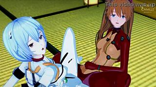 Asuka and Rei synchronize their tight pussies in Evangelion hentai