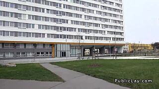 Euro amateur babe sucks and fucks hard in public spot.