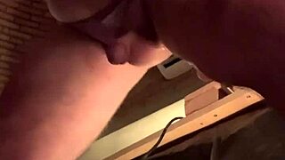 Fat white gay sissy squirts cum during intense machine fucking