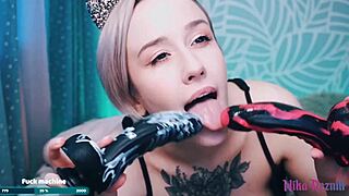I cant beleive this teen whore is sucking my cock with double dildo in POV webcam.