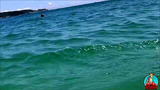 my husband my unicorn and me in play on a public beach