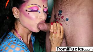 Romi Rain sucks big cock eagerly.