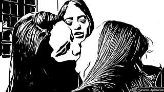 Lesbian hentai featuring deep throat kissing with cartoon porn stars