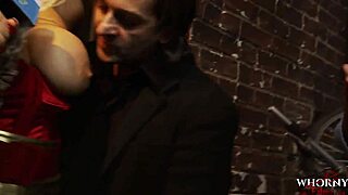 Busty blonde and brunette foursome in alley