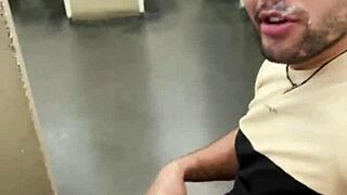 Bisexual encounter with a construction worker in public. Sucking in a toilet outdoor—how daring is that?