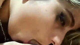 Teen skinny blonde gives great blow job to a big cock and gets a reward