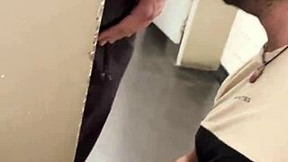 Bisexual encounter with a construction worker in public. Sucking in a toilet outdoor—how daring is that?