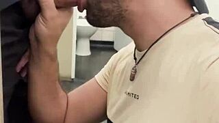 Bisexual encounter with a construction worker in public. Sucking in a toilet outdoor—how daring is that?